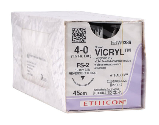 Vicryl, Coated - Absorbable, Braided, Violet W9386. Length: 45cm, Gauge: 4/0