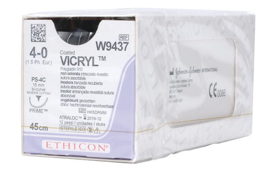 Vicryl, Coated - Absorbable, Braided, Undyed W9437. Length: 45cm, Gauge: 4/0