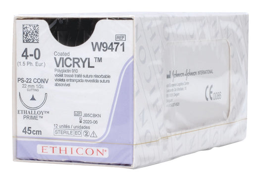 Vicryl, Coated - Absorbable, Braided, Violet W9471. Length: 45cm, Gauge: 4/0
