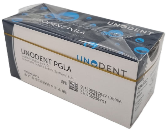 UnoDent PGLA Absorbable Surgical Suture Gauge: 4/0, Length: 45cm, 3/8 circle, Reverse Cutting, 19mm, Undyed
